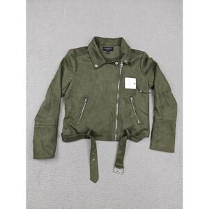 Laundry By Shelli Segal Jacket Womens Medium Green Faux Suede Moto Belted Zip